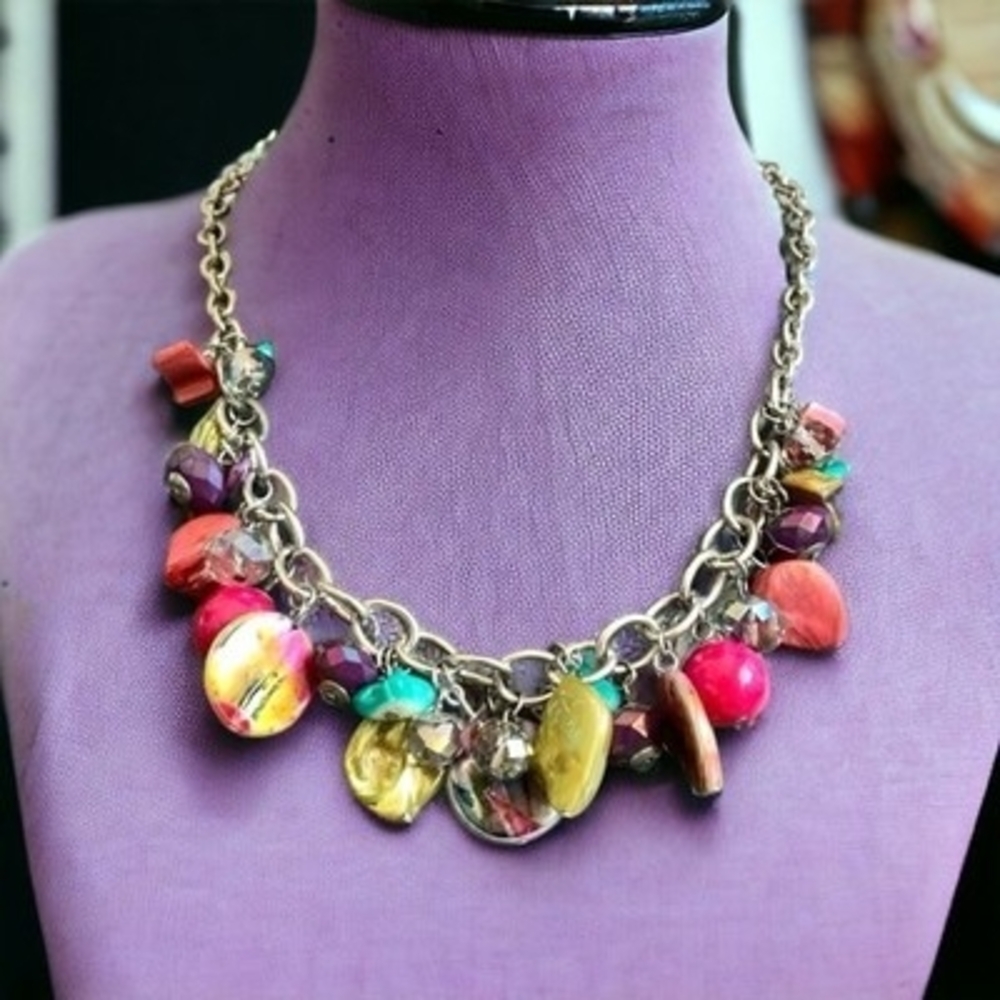 StudioS Rainbow Multi Gemstone Choker Necklace Silver Adjustable 20-23" NWT